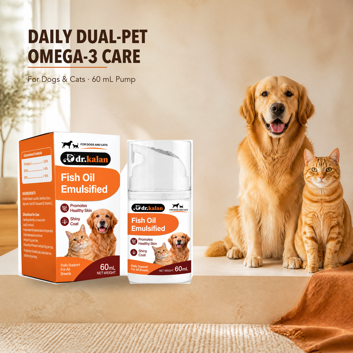 Dr. Kalan Fish Oil Emulsified Liquid for Dogs & Cats, 60 mL Metered Pump Bottle